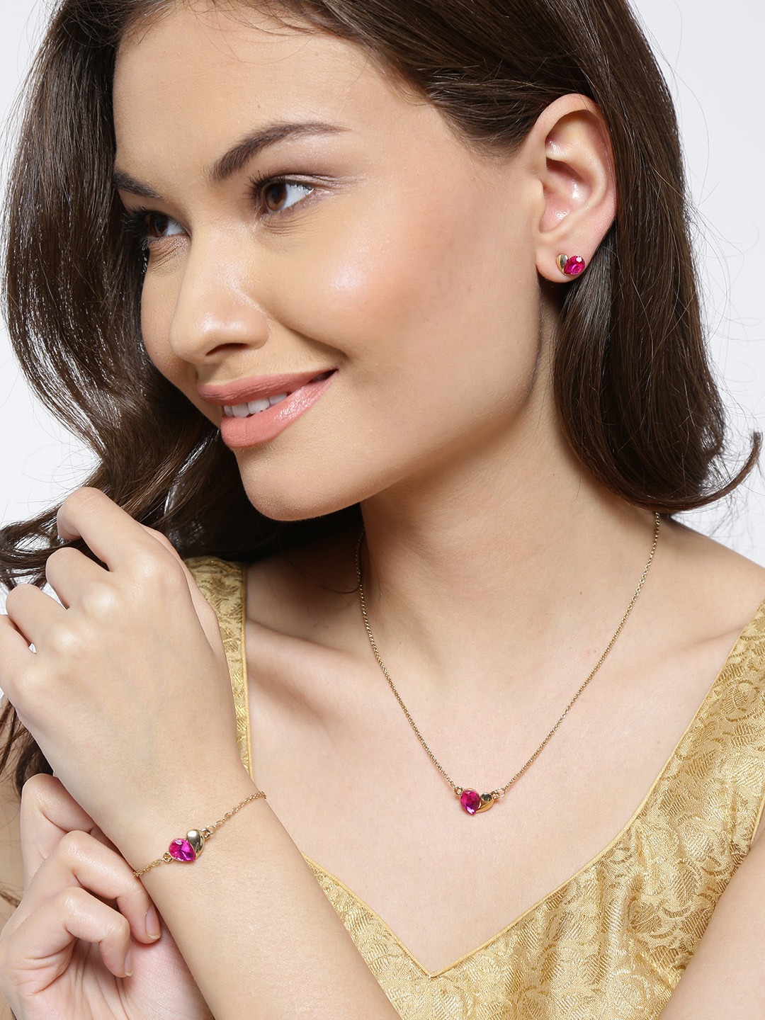 YouBella Gold-Toned  Pink Stone-Studded Jewellery Set